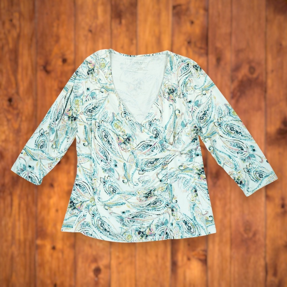 NWT Talbots Petites Knit Top Moc Wrap Look Front Turquoise Black‎ Ruched XLp
